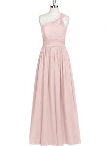 Empire Prom Dresses Baby Pink One Shoulder Chiffon Sleeveless Floor Length Side Zipper