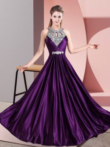 Satin Halter Top Sleeveless Zipper Beading Formal Dresses in Purple