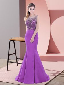 Captivating Purple Backless Prom Dresses Beading and Lace Sleeveless Sweep Train