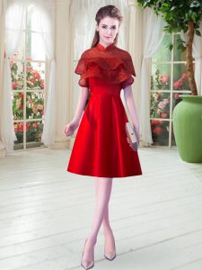 Pretty High-neck Cap Sleeves Prom Dresses Knee Length Lace Red Satin