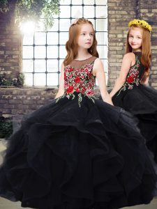 Attractive Embroidery and Ruffles Pageant Dress Wholesale Black Zipper Sleeveless Floor Length