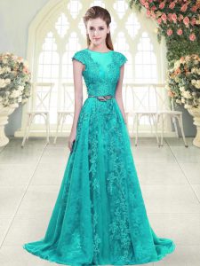 Cap Sleeves Sweep Train Beading and Lace Zipper Prom Party Dress