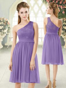 Most Popular Sleeveless Knee Length Lace Side Zipper Prom Gown with Lavender