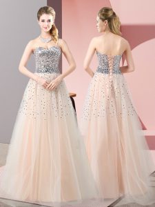 Peach A-line Tulle Sweetheart Sleeveless Beading Floor Length Lace Up Prom Dress