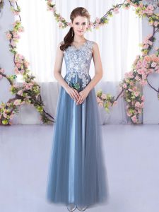Blue Sleeveless Floor Length Lace Lace Up Quinceanera Court of Honor Dress