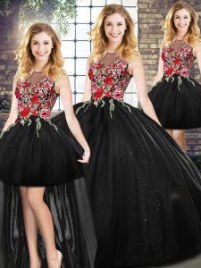 Dramatic Floor Length Zipper Sweet 16 Quinceanera Dress Black for Military Ball and Sweet 16 and Quinceanera with Embroidery