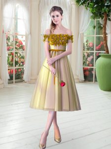 Tea Length A-line Sleeveless Gold Prom Evening Gown Lace Up