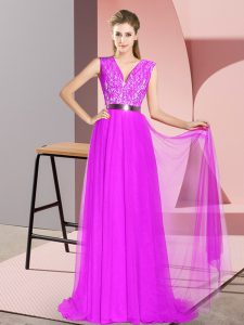 Purple Prom Dress Prom and Party and Military Ball with Beading and Lace V-neck Sleeveless Sweep Train Zipper