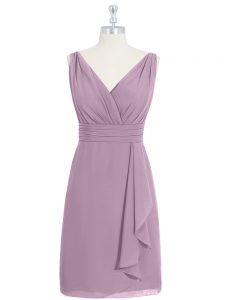 Modest Purple Zipper V-neck Ruching Prom Dress Chiffon Sleeveless