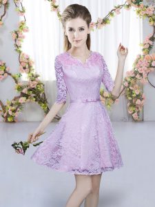 Lavender Half Sleeves Mini Length Belt Zipper Bridesmaid Dress