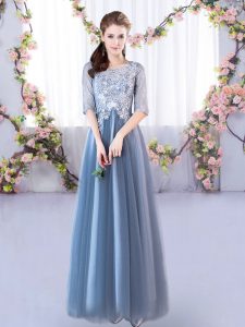 Floor Length Blue Bridesmaid Dress Tulle Half Sleeves Lace
