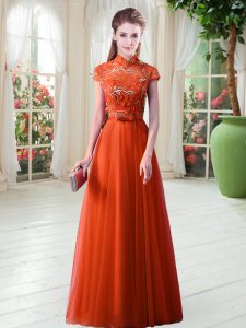 Decent Appliques Homecoming Dress Orange Red Lace Up Cap Sleeves Floor Length