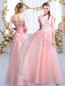 Pink Cap Sleeves Tulle Lace Up Dama Dress for Quinceanera for Prom and Party and Wedding Party