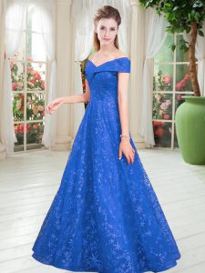 Lace Off The Shoulder Sleeveless Lace Up Beading Prom Dresses in Blue