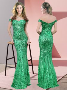 Customized Green Sequined Zipper Off The Shoulder Sleeveless Floor Length Evening Dress Ruching