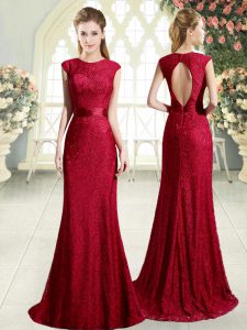 Elegant Red Scoop Neckline Lace Evening Dress Sleeveless Backless