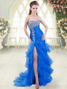 Blue Sweetheart Lace Up Beading and Ruffled Layers Prom Evening Gown Sweep Train Sleeveless