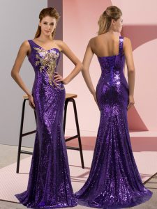 One Shoulder Sleeveless Sequined Homecoming Dress Beading and Appliques Sweep Train Lace Up