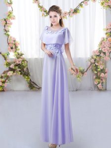High End Lavender Empire Appliques Quinceanera Dama Dress Zipper Chiffon Short Sleeves Floor Length