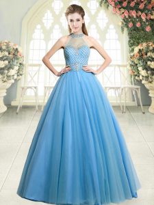 Inexpensive Blue Sleeveless Tulle Zipper Prom Party Dress for Prom and Party
