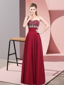 Red Empire Chiffon Strapless Sleeveless Beading Floor Length Zipper Dress for Prom