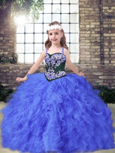 Most Popular Blue Tulle Lace Up Straps Sleeveless Floor Length Pageant Dress Wholesale Embroidery and Ruffles