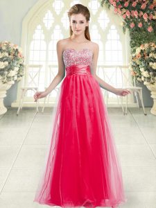 Coral Red Lace Up Prom Evening Gown Beading Sleeveless Floor Length