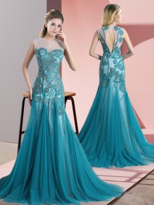 Comfortable Teal Prom Evening Gown Scoop Sleeveless Sweep Train Backless