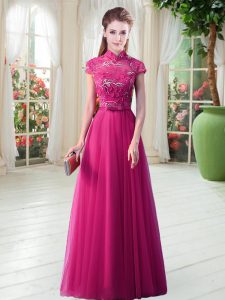 Artistic Hot Pink Empire High-neck Short Sleeves Tulle Floor Length Lace Up Lace Prom Gown