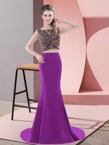 Suitable Purple Sleeveless Sweep Train Beading Dress for Prom