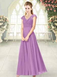 Custom Design Ankle Length Lilac Evening Gowns V-neck Cap Sleeves Zipper
