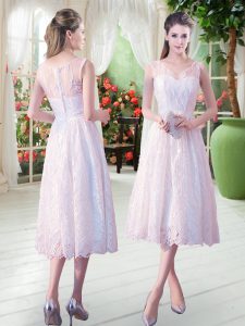 Empire Prom Evening Gown White V-neck Sleeveless Tea Length Zipper