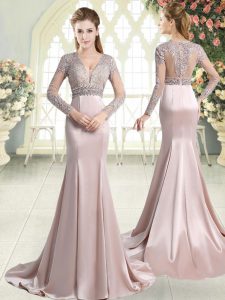 Enchanting Pink V-neck Zipper Beading and Lace Evening Gowns Sweep Train Long Sleeves