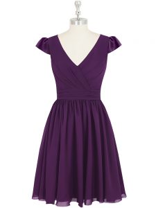 V-neck Cap Sleeves Zipper Prom Evening Gown Purple Chiffon
