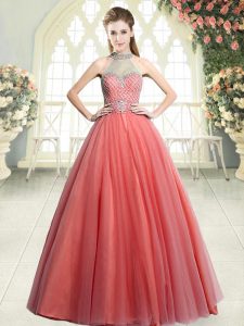 Extravagant Watermelon Red Tulle Zipper Halter Top Sleeveless Floor Length Prom Dresses Beading
