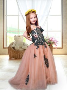 Peach Tulle Lace Up Spaghetti Straps Sleeveless Little Girls Pageant Gowns Brush Train Appliques