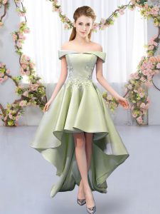 New Arrival Sleeveless Satin High Low Lace Up Bridesmaid Gown in Yellow Green with Appliques