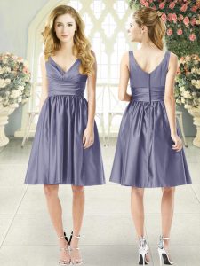 Most Popular Blue Taffeta Zipper V-neck Sleeveless Knee Length Prom Gown Ruching