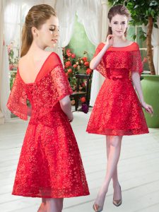 Romantic Short Sleeves Lace Mini Length Lace Up Prom Evening Gown in Red with Beading