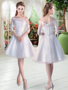 A-line Dress for Prom White Off The Shoulder Tulle Half Sleeves Knee Length Lace Up