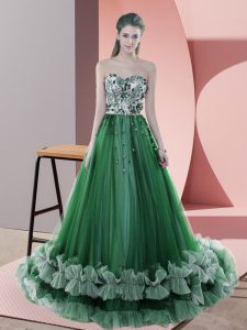 On Sale Green Lace Up Prom Gown Beading and Appliques Sleeveless Sweep Train