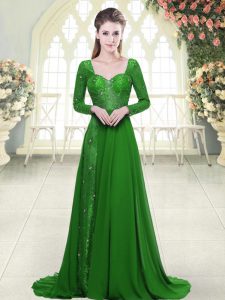 Lovely Green Prom Evening Gown Chiffon Sweep Train Long Sleeves Beading