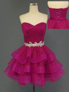 Captivating Fuchsia Sleeveless Tulle Lace Up Prom Gown for Prom and Party