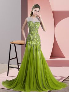 Custom Fit Scoop Sleeveless Sweep Train Backless Prom Dresses Olive Green Tulle
