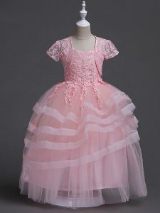 Baby Pink Tulle Zipper Spaghetti Straps Sleeveless Floor Length Toddler Flower Girl Dress Appliques