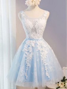Clearance Knee Length Baby Blue Prom Dress Tulle Sleeveless Appliques and Belt