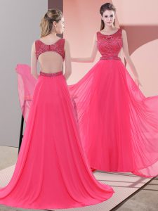 Chiffon Scoop Sleeveless Sweep Train Backless Beading in Coral Red