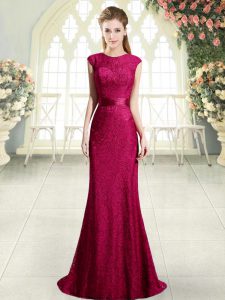 Pretty Red Backless Prom Dresses Cap Sleeves Sweep Train Beading and Lace