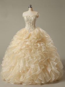 Sumptuous Champagne Ball Gowns Beading and Ruffles Ball Gown Prom Dress Lace Up Organza Sleeveless Floor Length