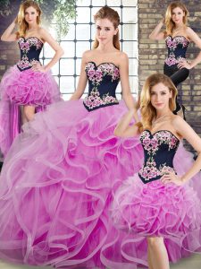 Luxury Lilac Lace Up Sweetheart Sleeveless Quinceanera Gown Sweep Train Embroidery and Ruffles